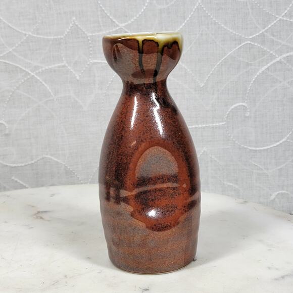 Vintage Ceramic Sake Set Brown Floral Motif Glazed Carafe Cups 3 Piece Set - Picture 9 of 16